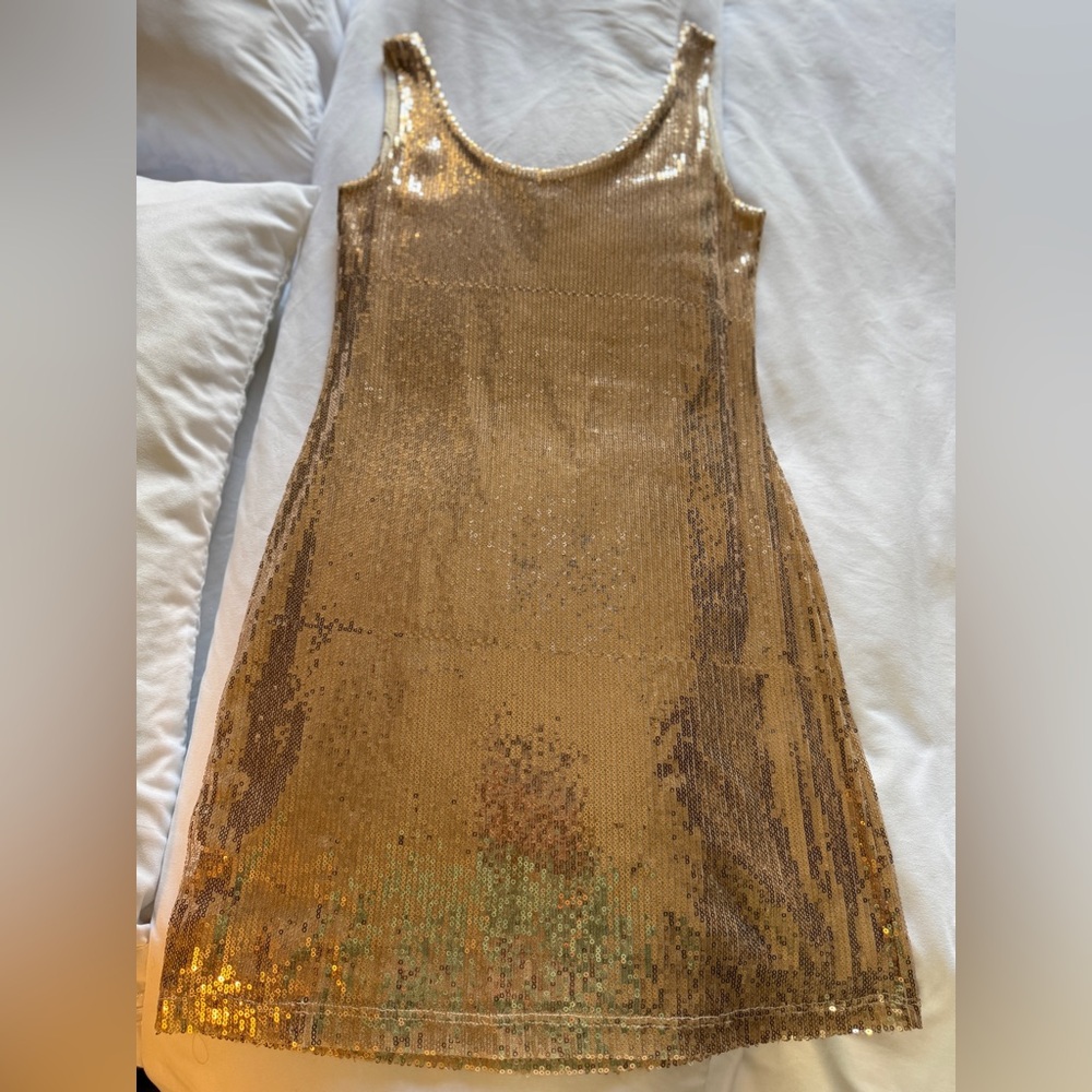 Velvet Torch Gold Sequin dress perfect for holiday events and NYE parties